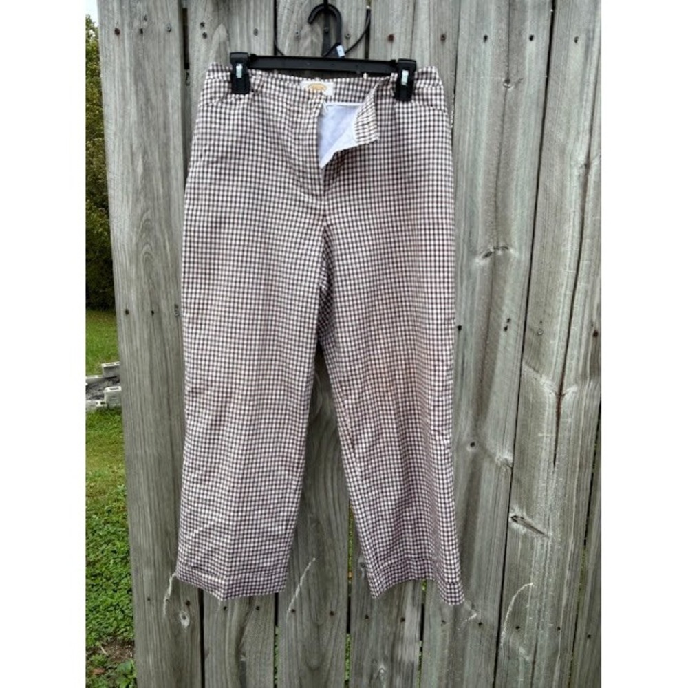 Preppy Gingham Talbots Silk Blend Trousers 8 Brown White Straight Leg Classic